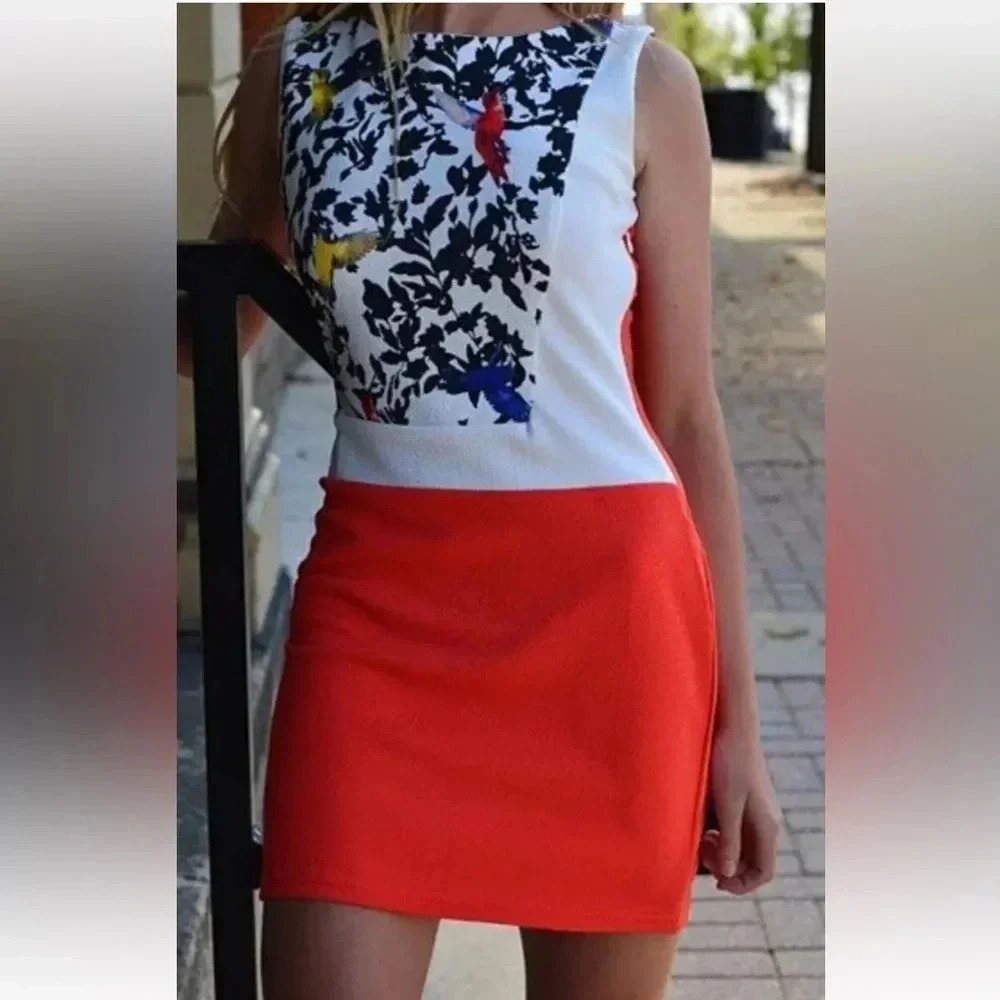 SoHo Chick Orange & White Bird ColorBlock Sheath Mini Women’s Dress Size XL.